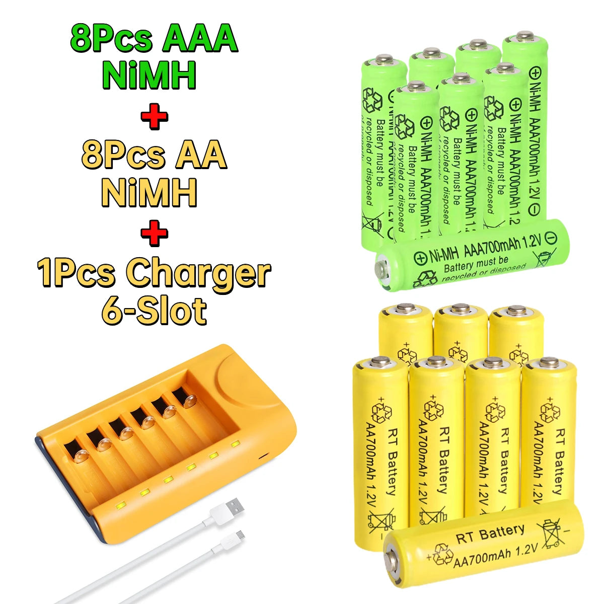 AA and AAA Ni-MH Rechargeable Batteries with Charger 700mAh