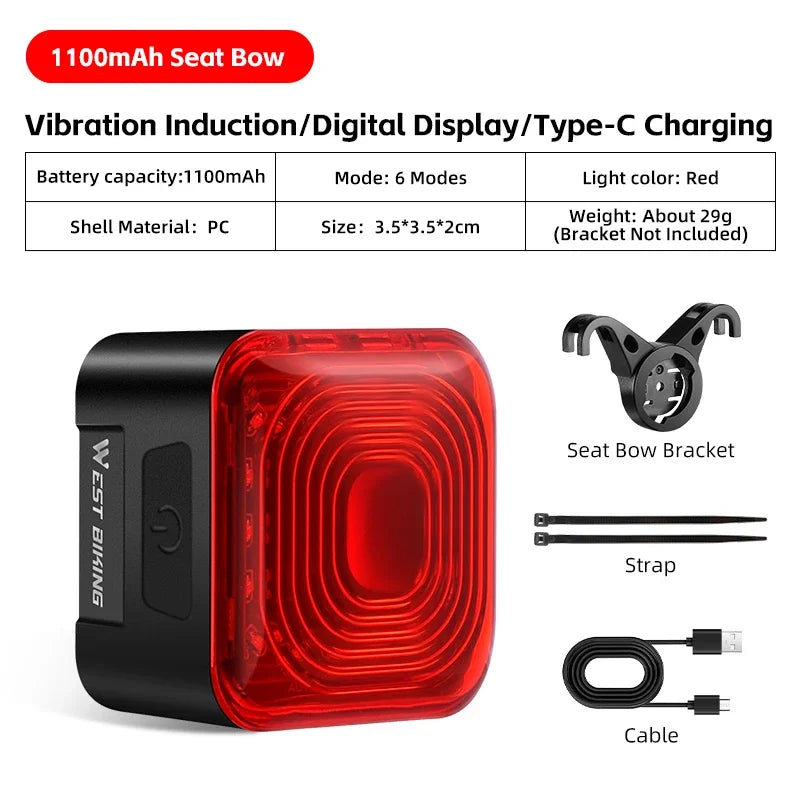 WEST BIKING Bicycle Rear Light Brake Sensing Digital Power Display Auto Start/Stop Cycling Accessories