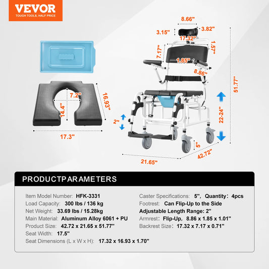 VEVOR Shower Wheelchair 17.5in Width Aluminum Alloy 300 lbs