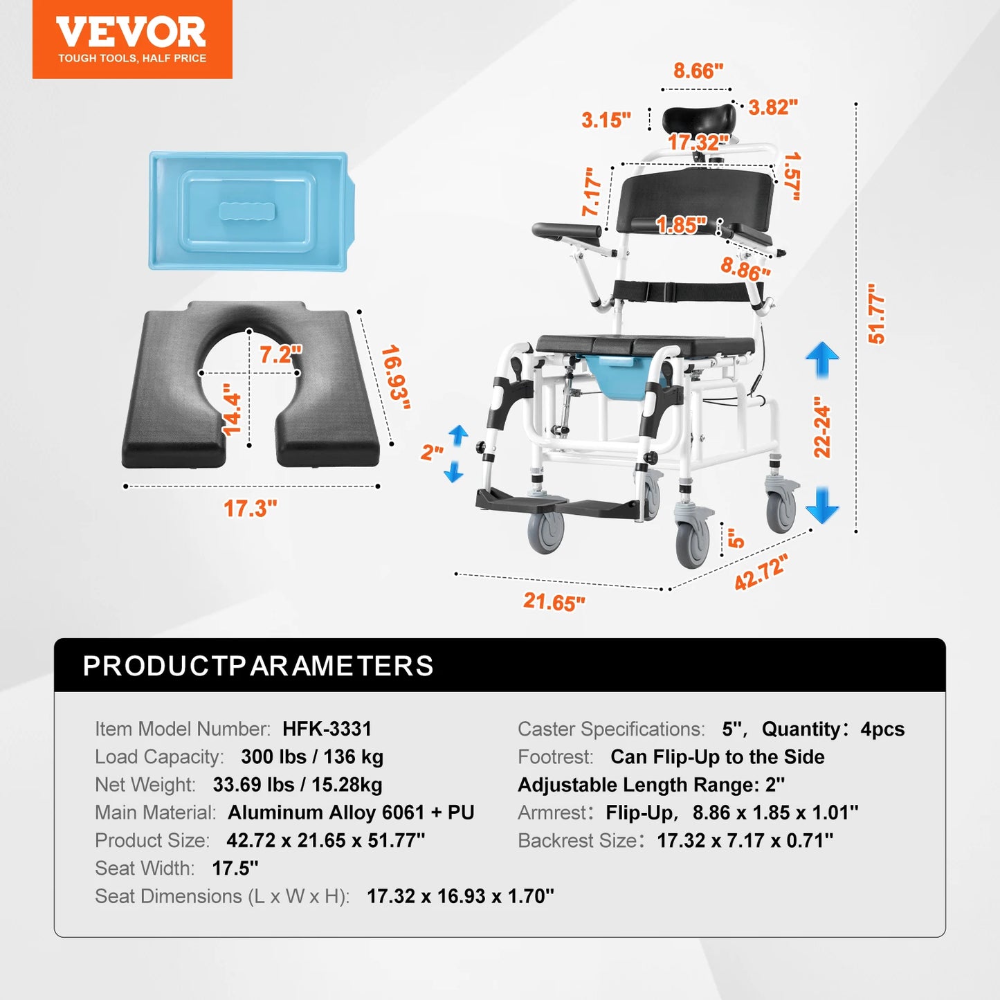 VEVOR Shower Wheelchair 17.5in Wide Aluminum Alloy 300 lbs