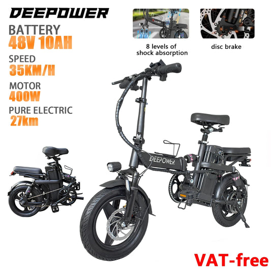 DEEPOWER Folding Mini Ebike 400W 48V 30AH Removable Battery 14-Inch Fat Tyre Electric Bicycle for Adults