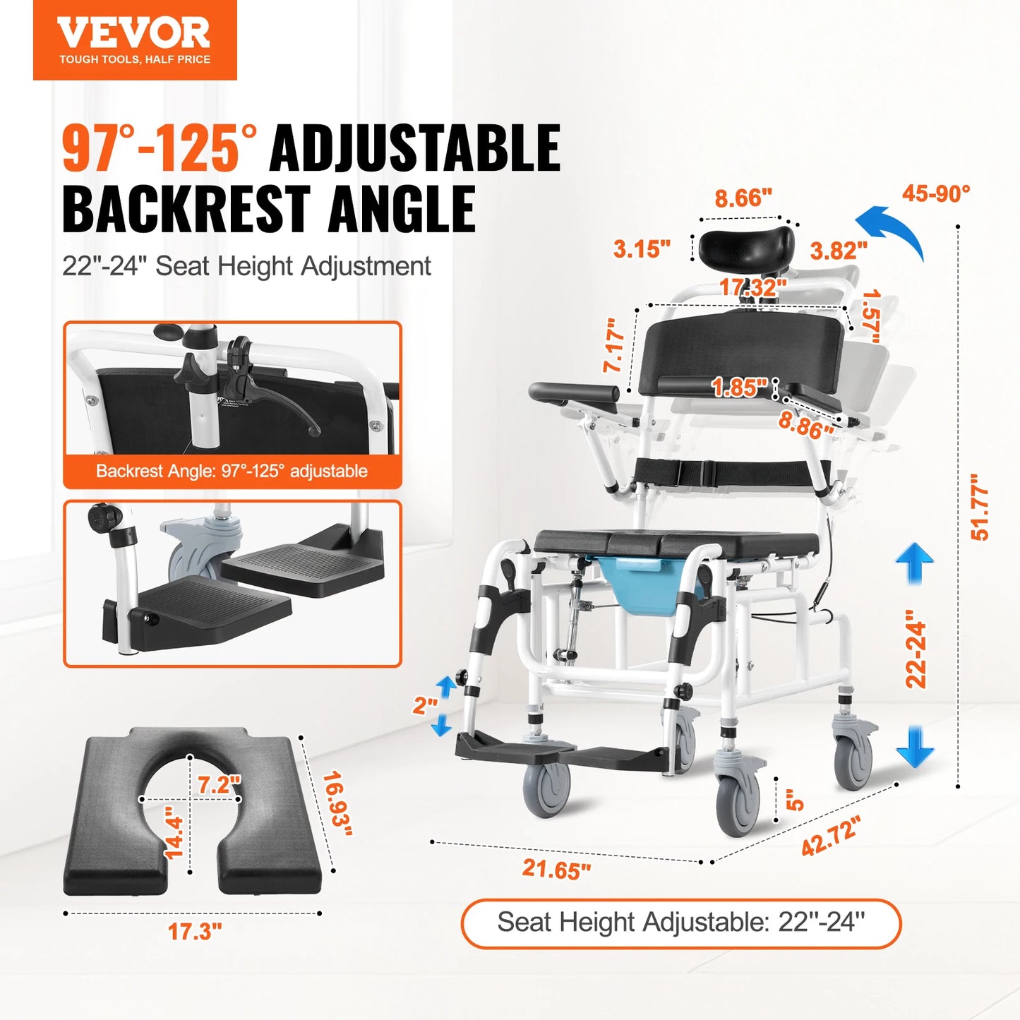VEVOR Shower Wheelchair 17.5in Wide Aluminum Alloy 300 lbs