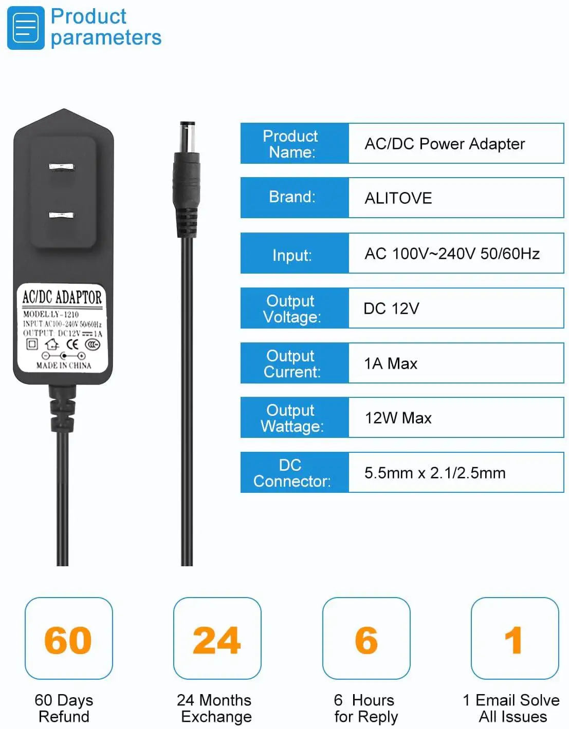 12V 1A DC Power Supply Adapter for Electronics Charger