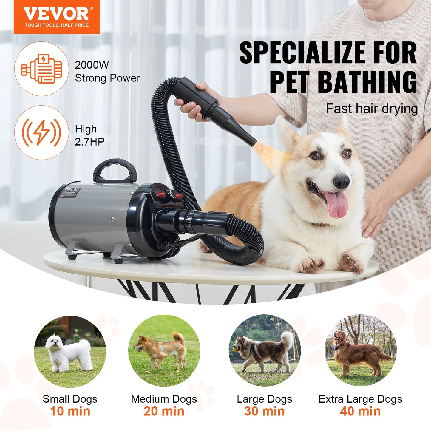 VEVOR 2000W Dog Blow Dryer with Adjustable Speed and Temperature Control