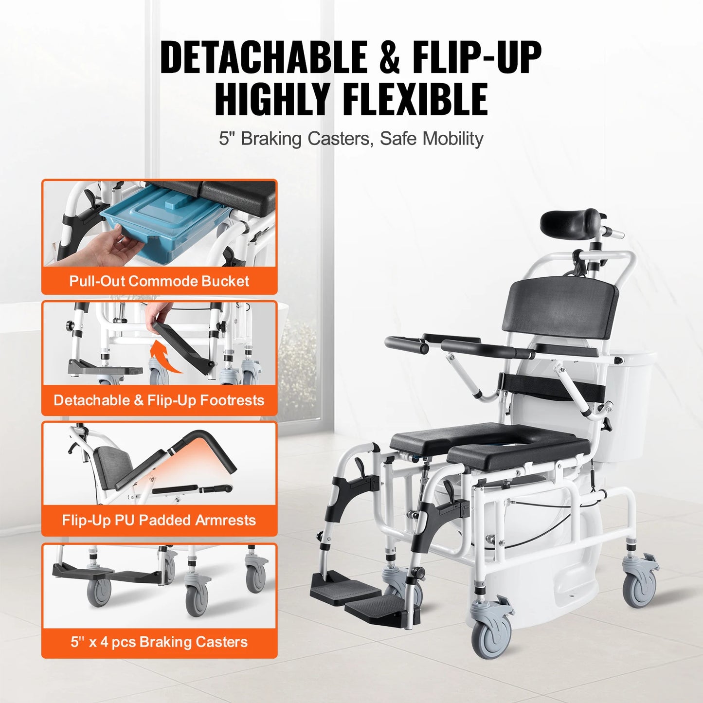 VEVOR Shower Wheelchair 17.5in Wide Aluminum Alloy 300 lbs
