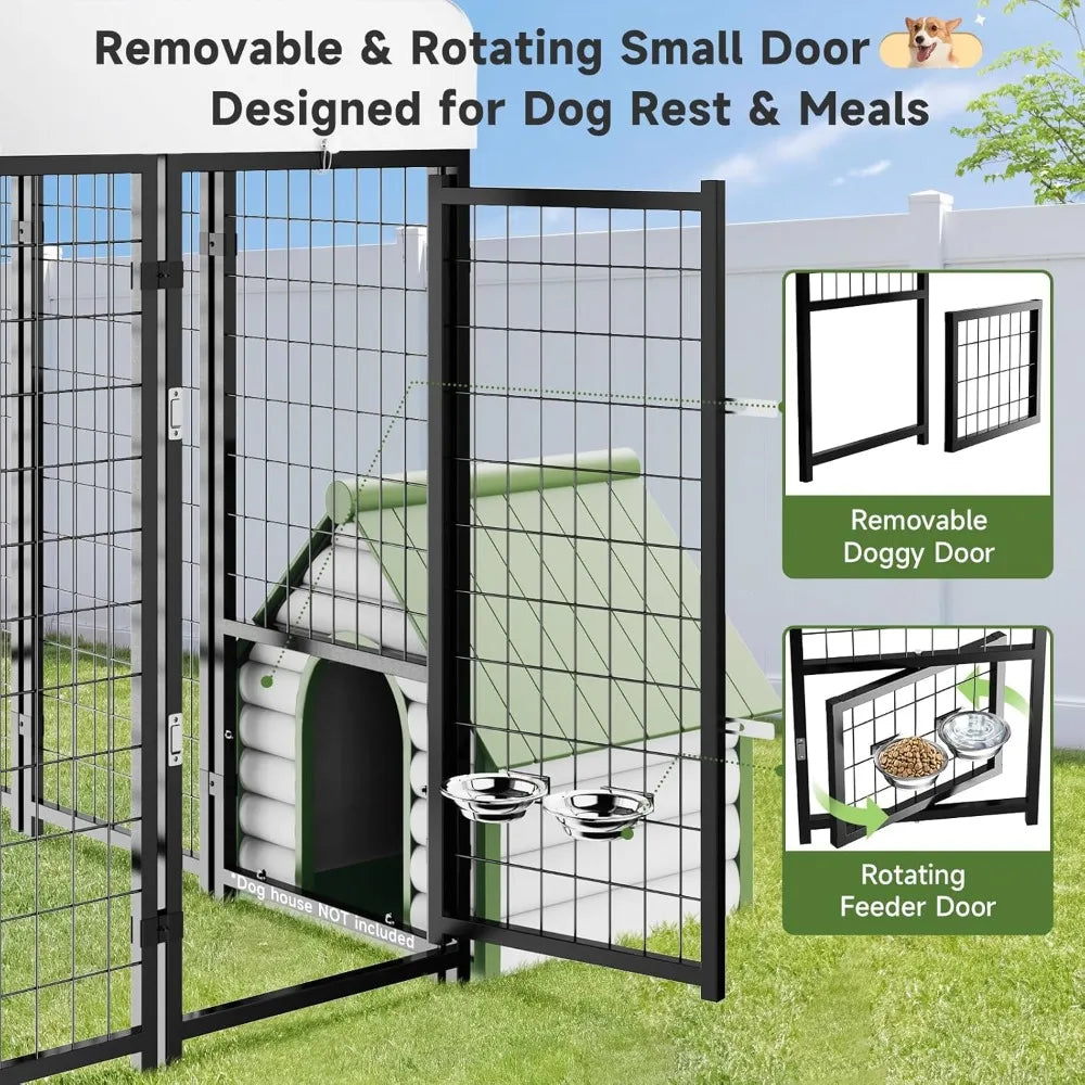 Dog Kennel Pen Outside Outdoor Dog Run with Roof Swivel Feeders
