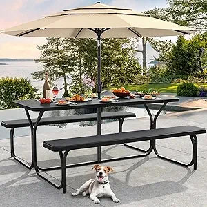 6FT Picnic Table, Heavy Duty Outdoor Table w/Umbrella Hole
