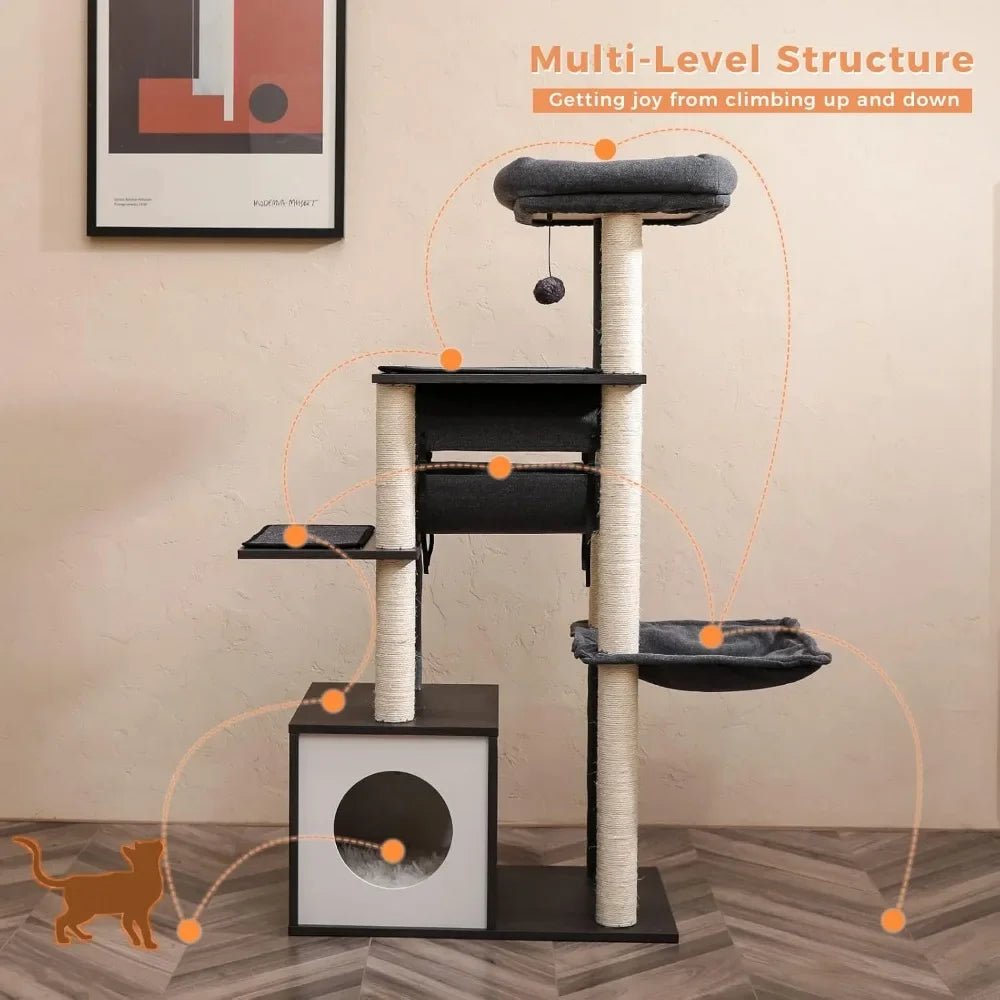 51.4 Inches Modern Cat Tree Premium 6 Levels Wooden Cat Tower with Fully Sisal Covered Scratching Posts, Cozy Condo,
