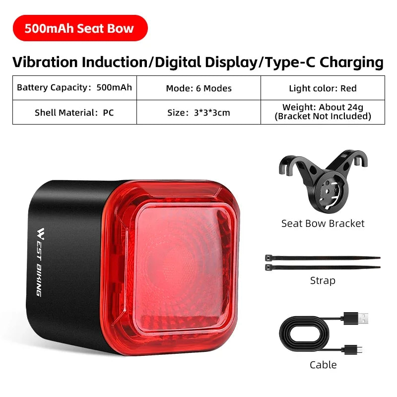 WEST BIKING Bicycle Rear Light Brake Sensing Digital Power Display Auto Start/Stop Cycling Accessories