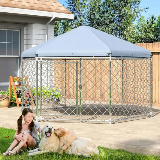 Large Dog Kennel Outside with Metal Gate and Roof