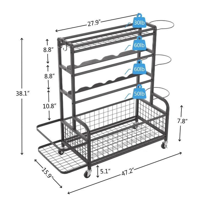 4-Tier Metal Storage Organizer with Rolling Wheels for Sports Gear