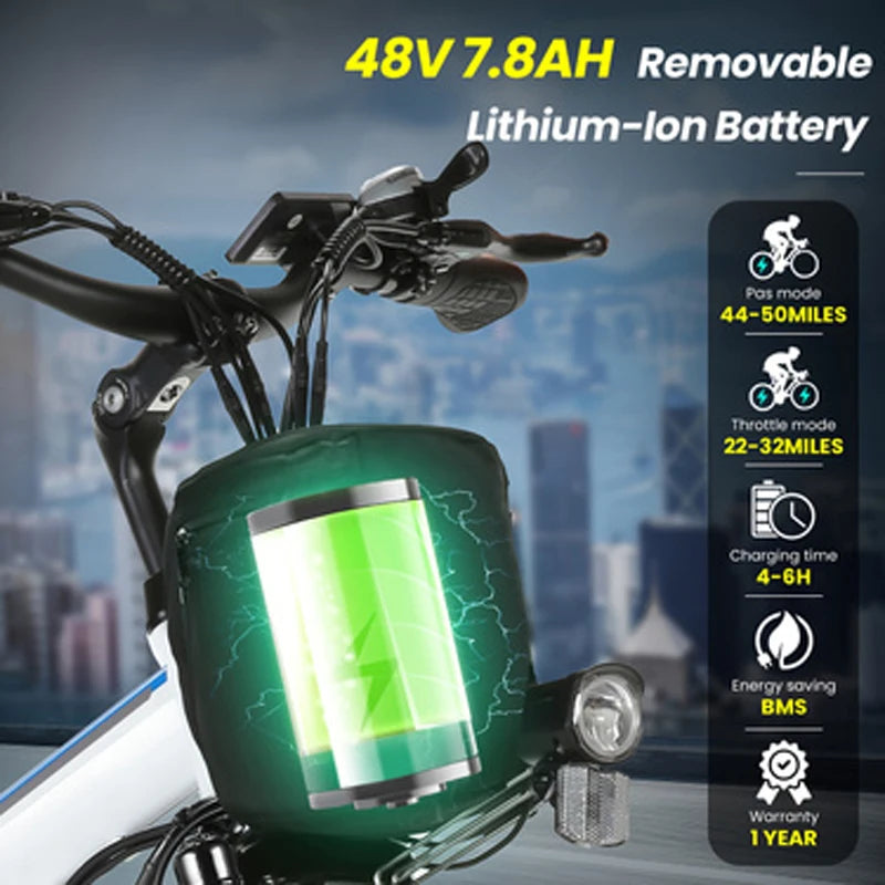 26" Folding Electric Bike for Adults with 500W Motor 48V 20MPH Removable Battery Up to 50 Miles Range Cruise Control