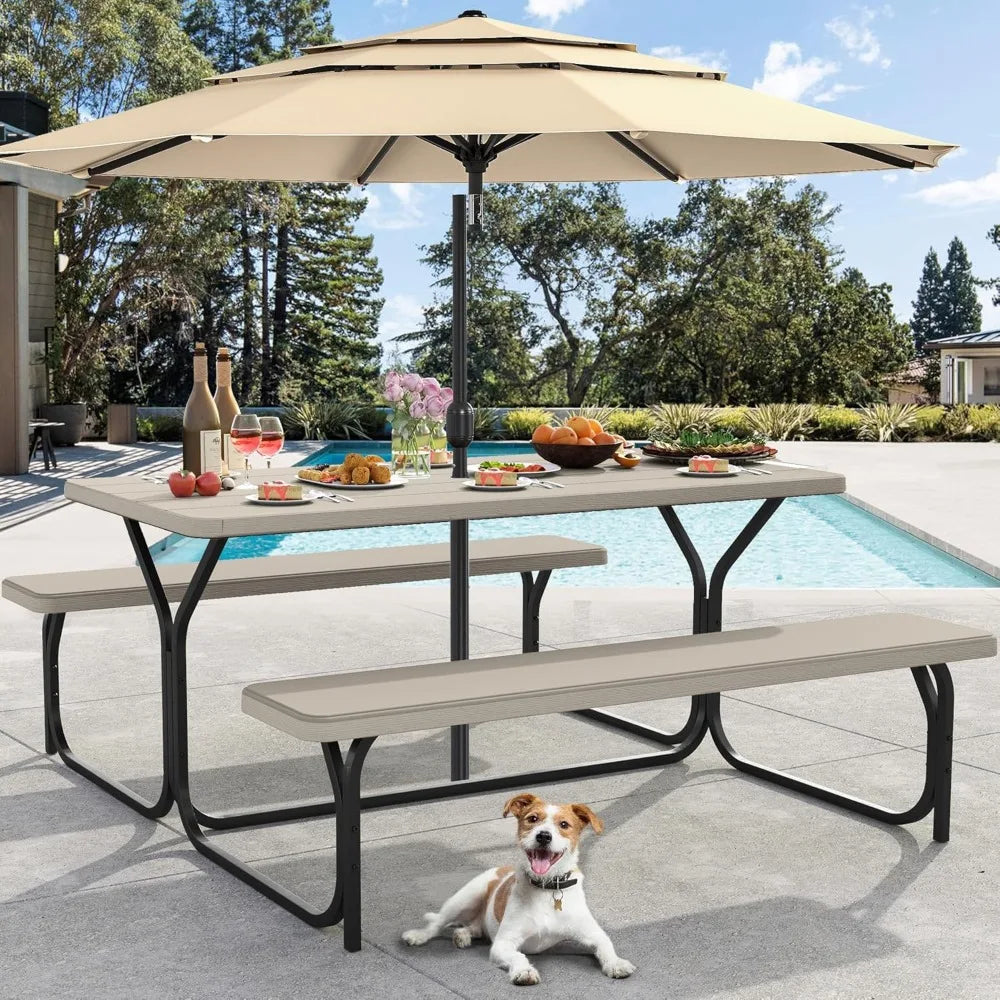6FT Picnic Table, Heavy Duty Outdoor Table w/Umbrella Hole