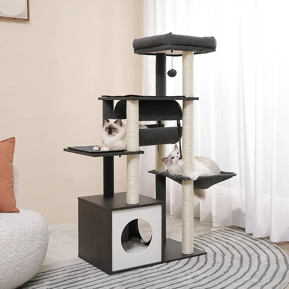 51.4 Inches Modern Cat Tree Premium 6 Levels Wooden Cat Tower with Fully Sisal Covered Scratching Posts, Cozy Condo,