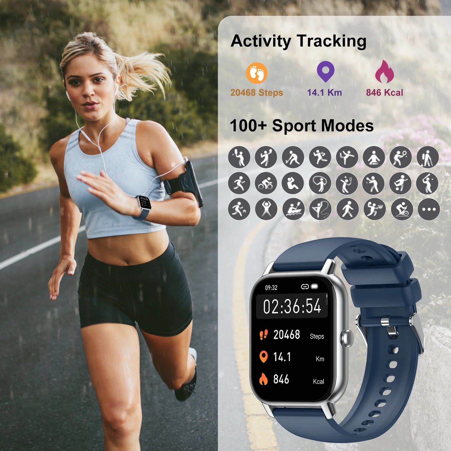 Smart Watch, 1.85 Inch Smartwatch IP68 Waterproof Tracker