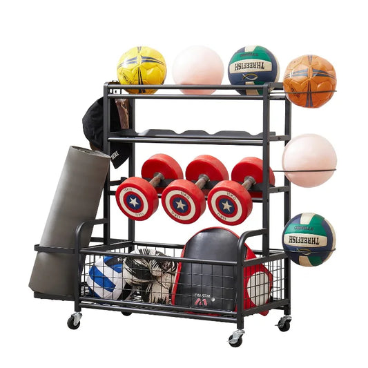 4-Tier Metal Storage Organizer with Rolling Wheels for Sports Gear