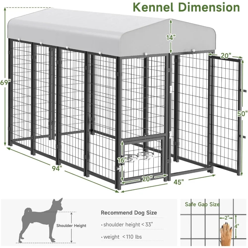 Dog Kennel Pen Outside Outdoor Dog Run with Roof Swivel Feeders