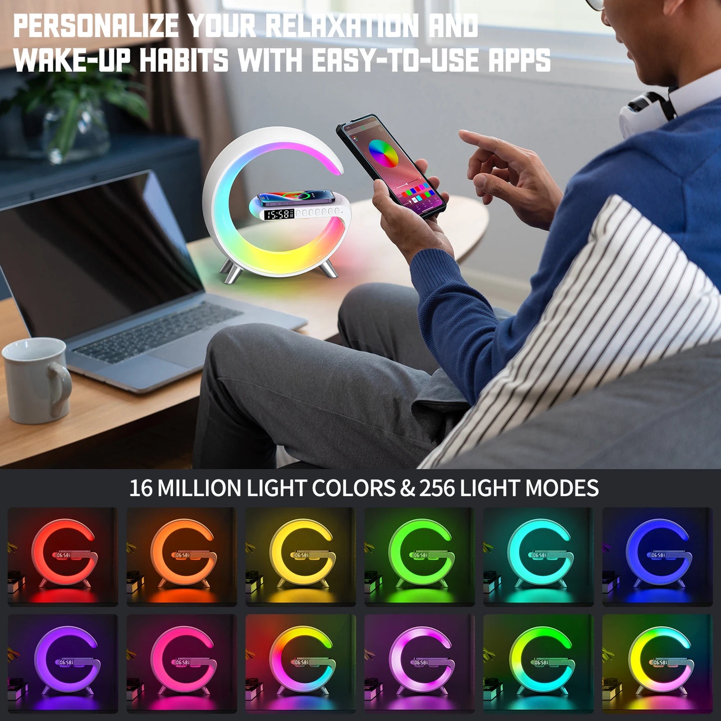 9 Inch Wireless Charger Stand Alarm Clock Bluetooth Speaker LED Lamp RGB Night Light For iPhone Samsung