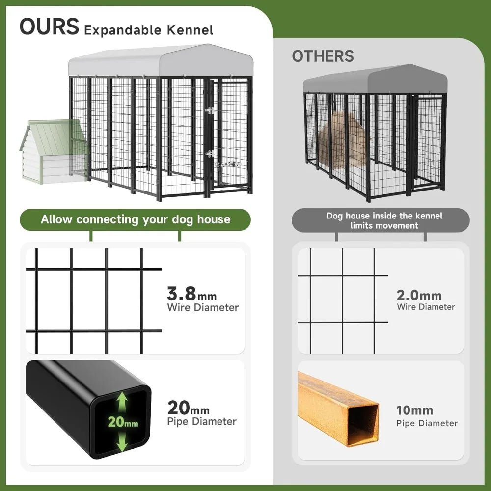 Dog Kennel Pen Outside Outdoor Dog Run with Roof Swivel Feeders