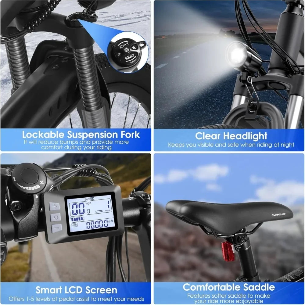26 Inch 1000W Peak Ebike for Adults Up to 50 Miles 21.7MPH Electric Mountain Bike