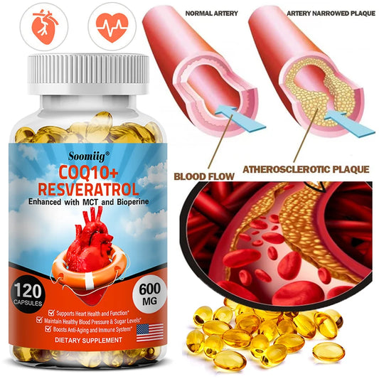 120 CoQ10 + Resveratrol Capsules Supplement for Energy