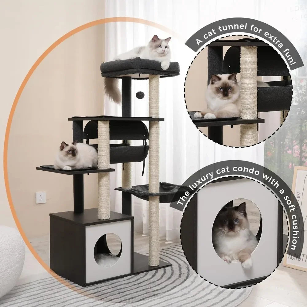 51.4 Inches Modern Cat Tree Premium 6 Levels Wooden Cat Tower with Fully Sisal Covered Scratching Posts, Cozy Condo,