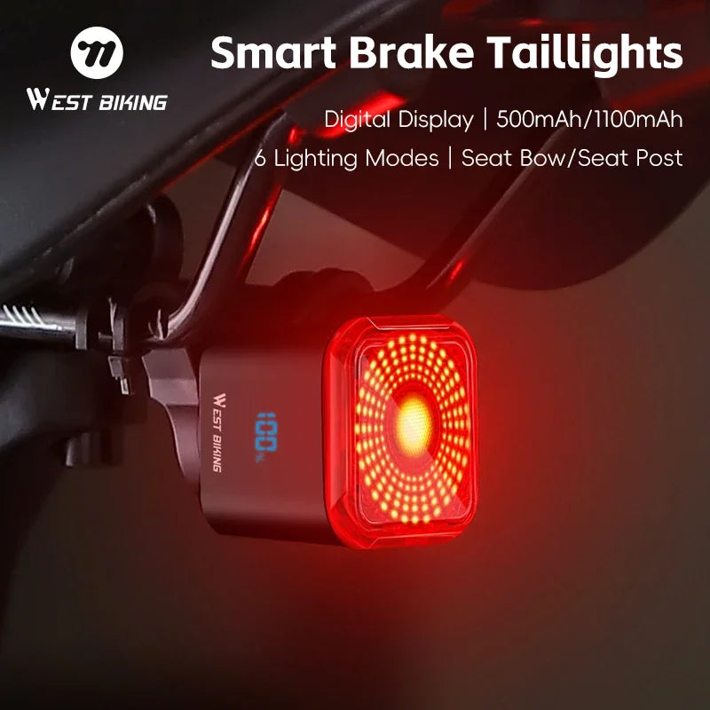 WEST BIKING Bicycle Rear Light Brake Sensing Digital Power Display Auto Start/Stop Cycling Accessories