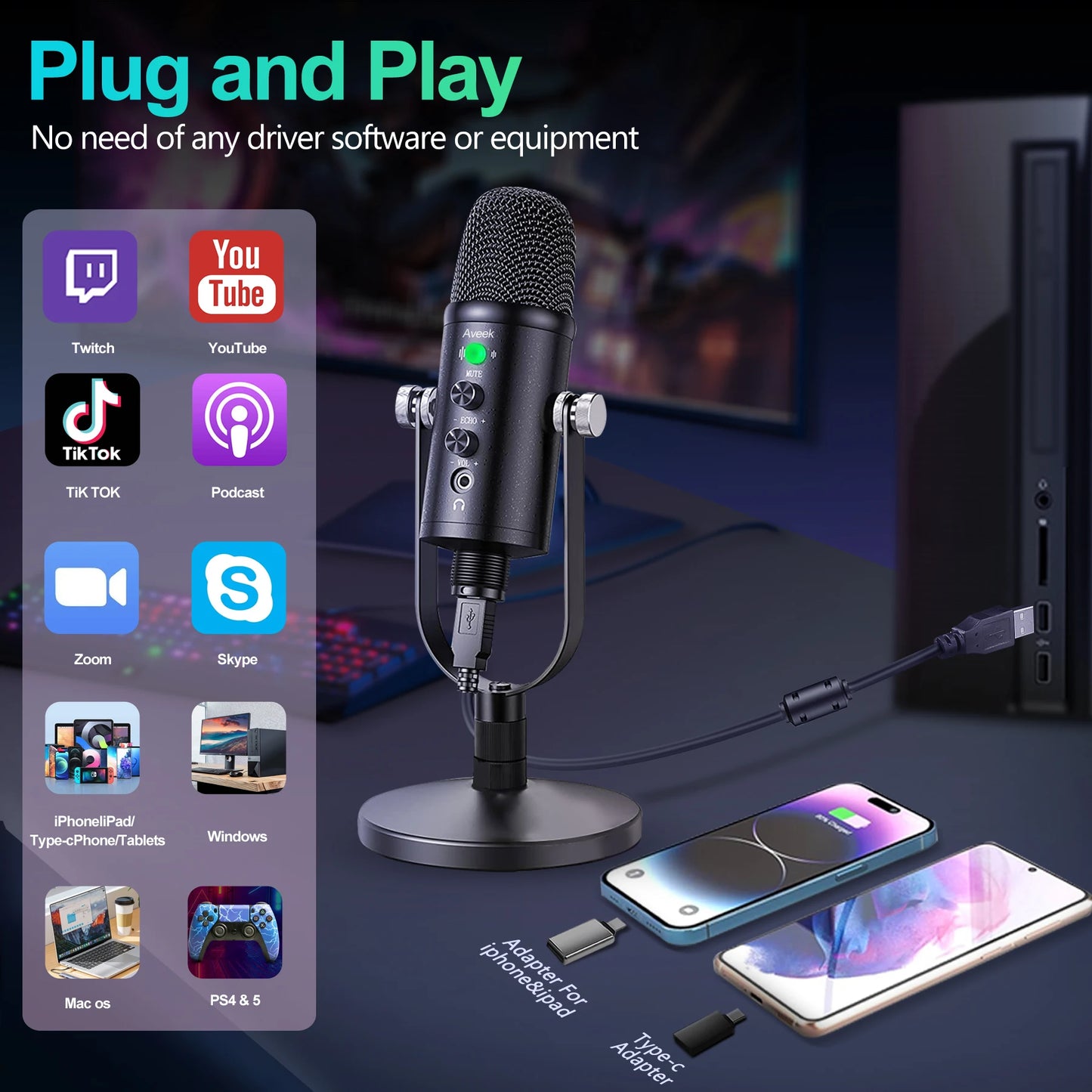 Mercase USB Microphone, Condenser for Phone and Computer