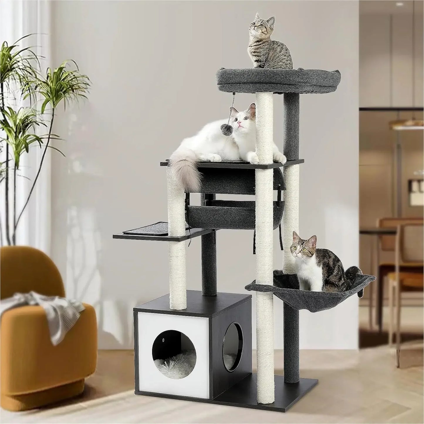 51.4 Inches Modern Cat Tree Premium 6 Levels Wooden Cat Tower with Fully Sisal Covered Scratching Posts, Cozy Condo,