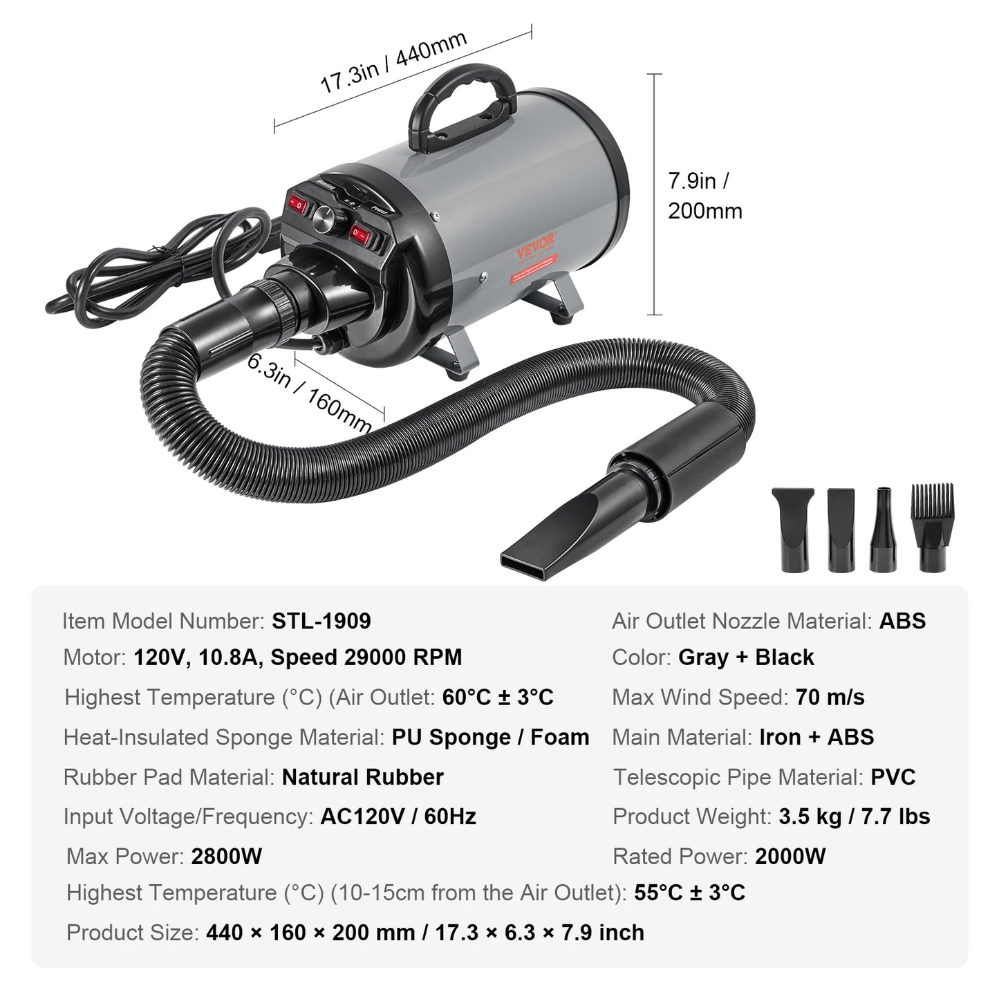 VEVOR 2000W Dog Blow Dryer with Adjustable Speed and Temperature Control