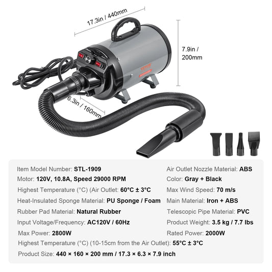 VEVOR 2000W Dog Blow Dryer with Adjustable Speed and Temperature Control