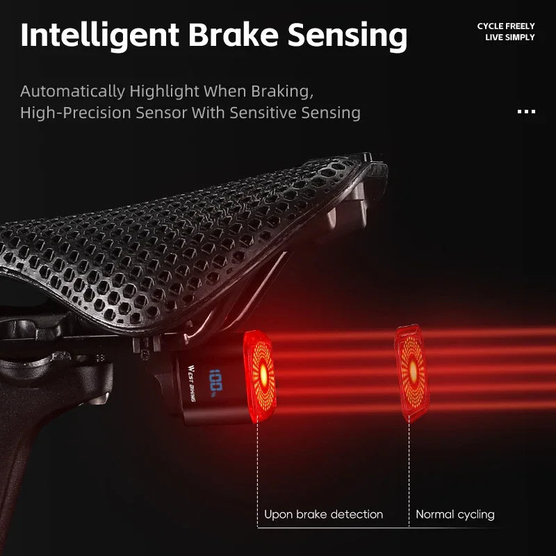 WEST BIKING Bicycle Rear Light Brake Sensing Digital Power Display Auto Start/Stop Cycling Accessories