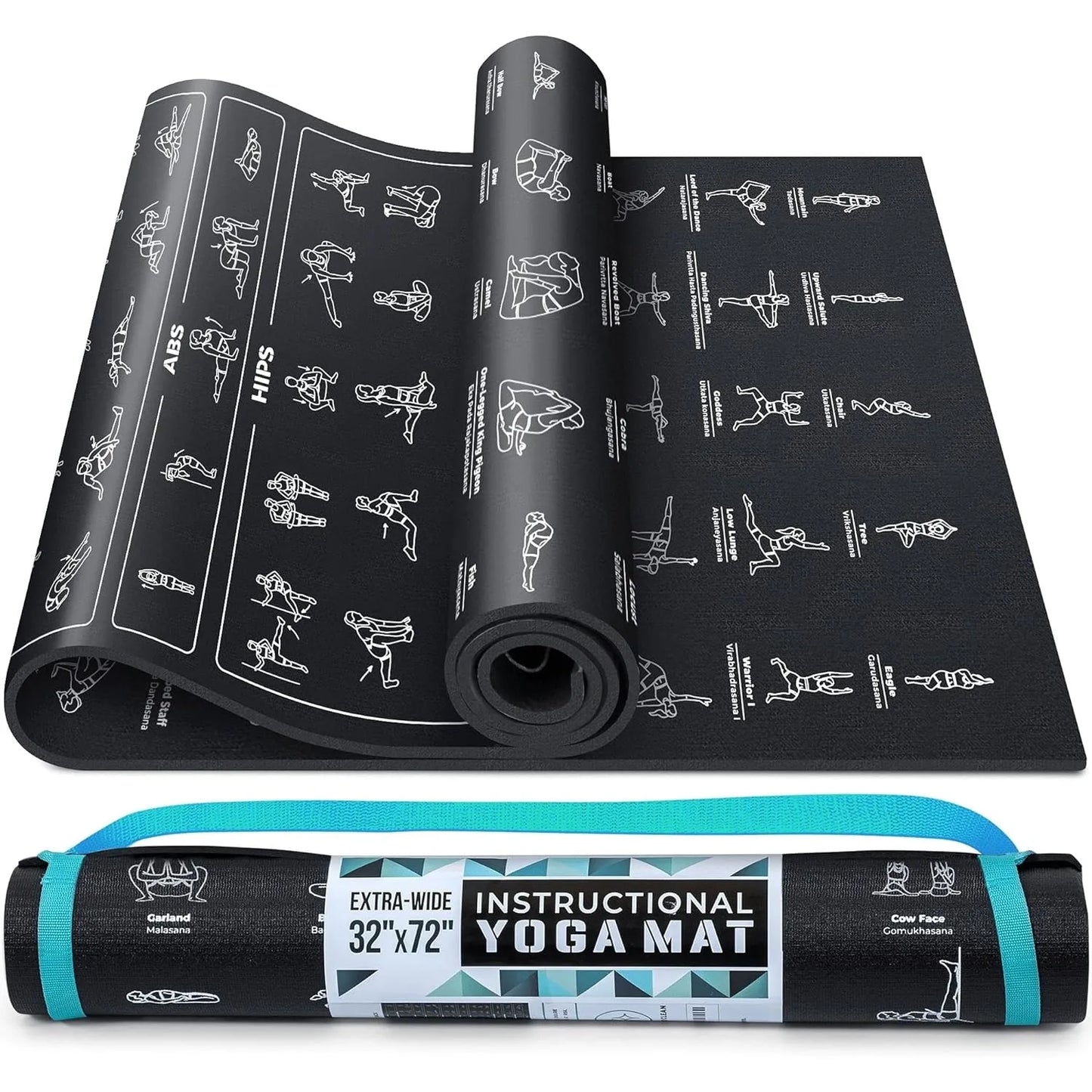 Instructional Yoga Mat with Poses Printed On It & Carrying Strap