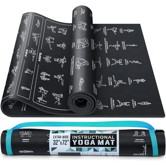 Instructional Yoga Mat with Poses Printed On It & Carrying Strap