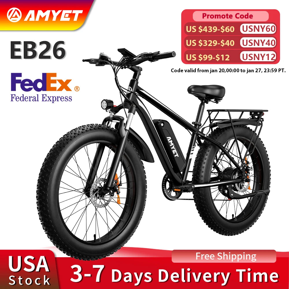 AMYET Electric Bike EB26 Adults 1500W 48V 15AH 26 Fat Tire Mountain Bike