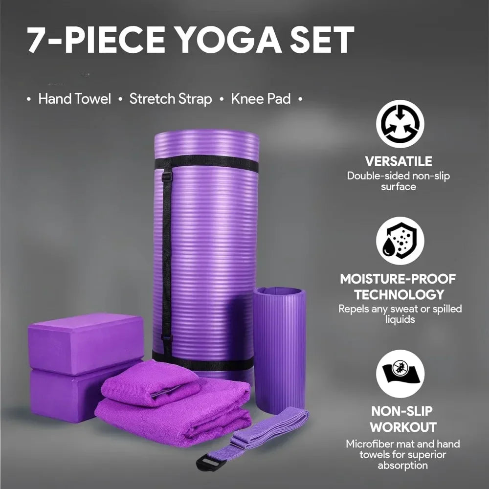 Yoga Equipment 7-Piece Set Including Yoga Mat with Carrying Strap 2 Yoga Blocks Yoga Mat Towel Yoga Hand Towel and Yoga Strap