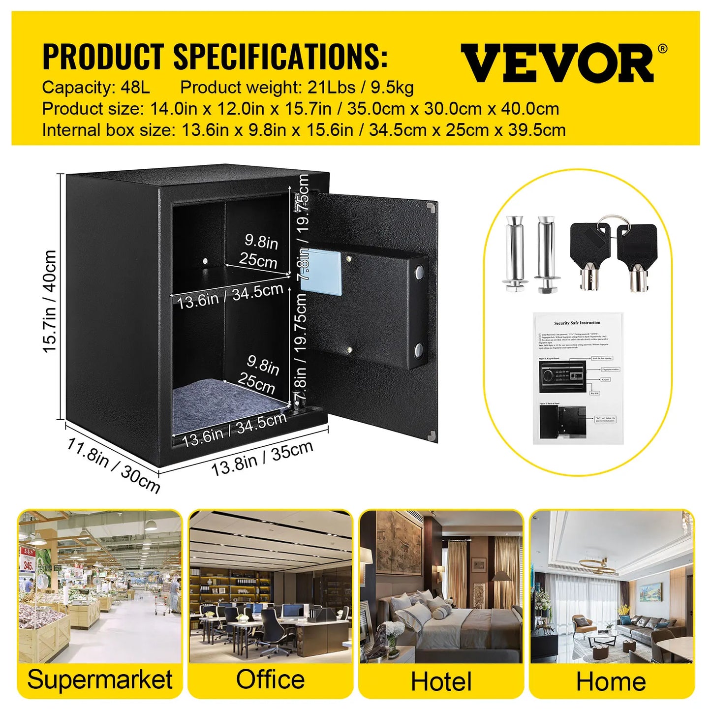 VEVOR Fingerprint Locks Safe Deposit Box 0.8/1.7/2.1 Cubic Feet