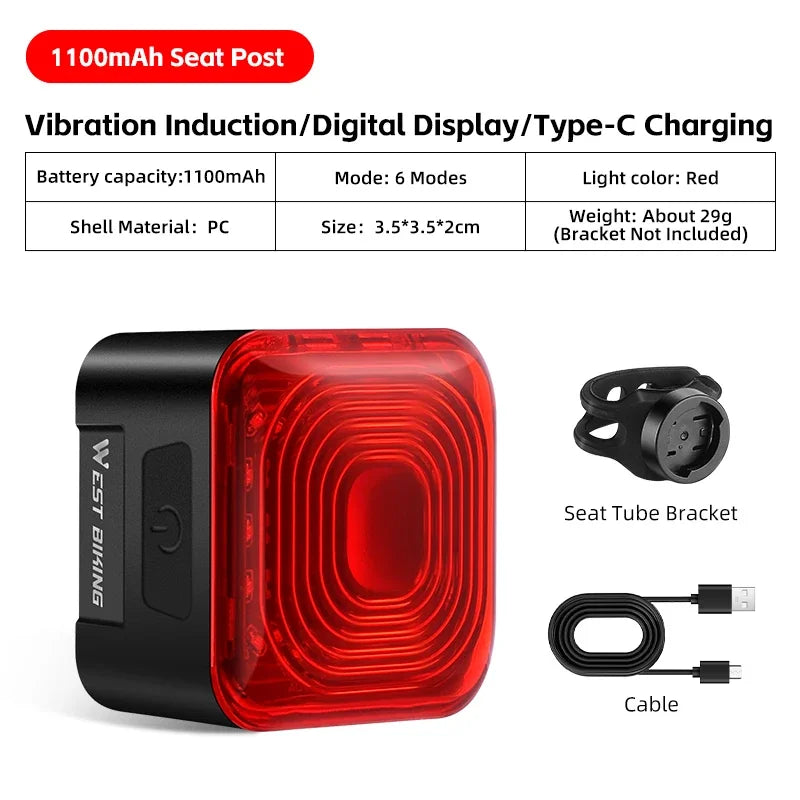 WEST BIKING Bicycle Rear Light Brake Sensing Digital Power Display Auto Start/Stop Cycling Accessories