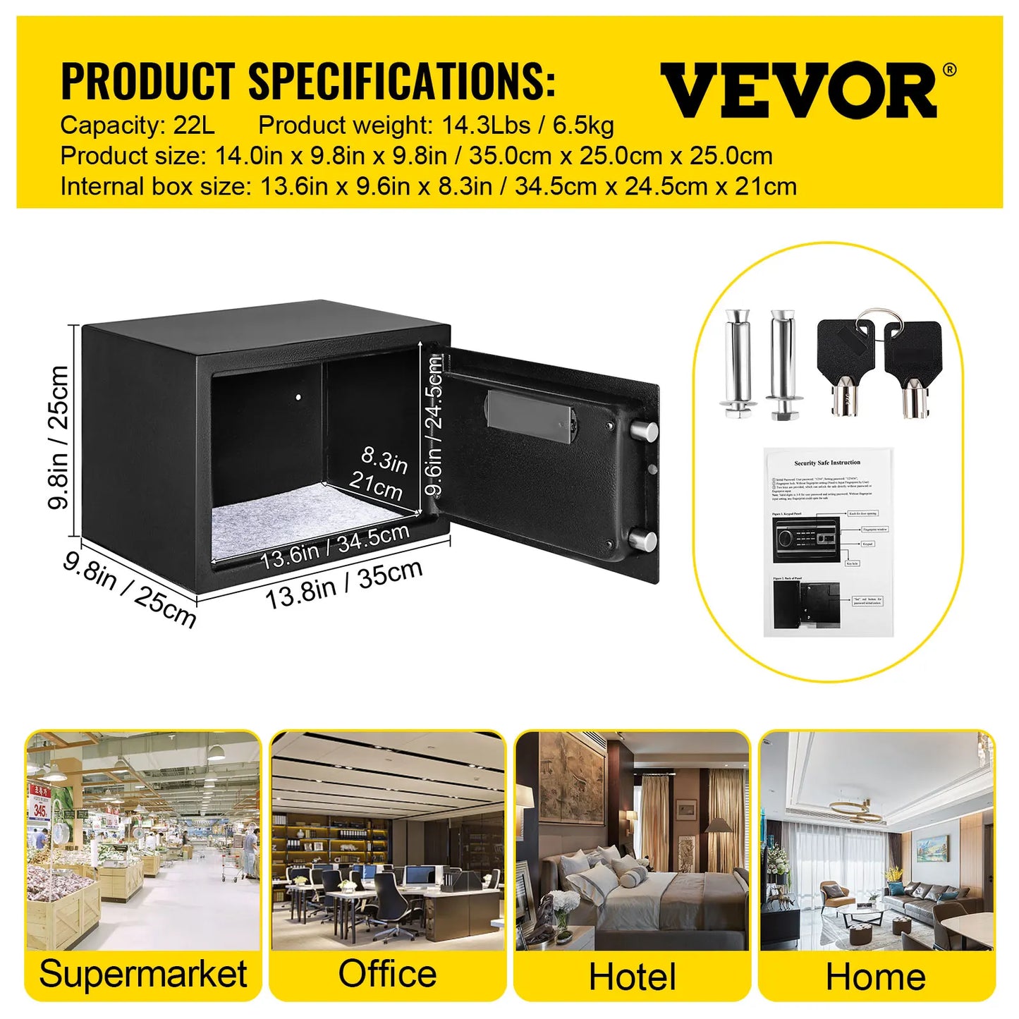 VEVOR Fingerprint Locks Safe Deposit Box 0.8/1.7/2.1 Cubic Feet