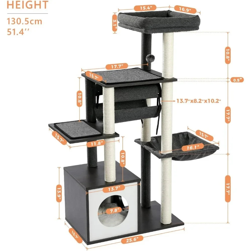 51.4 Inches Modern Cat Tree Premium 6 Levels Wooden Cat Tower with Fully Sisal Covered Scratching Posts, Cozy Condo,