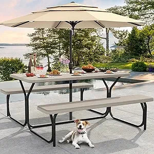 6FT Picnic Table, Heavy Duty Outdoor Table w/Umbrella Hole