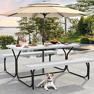 6FT Picnic Table, Heavy Duty Outdoor Table w/Umbrella Hole