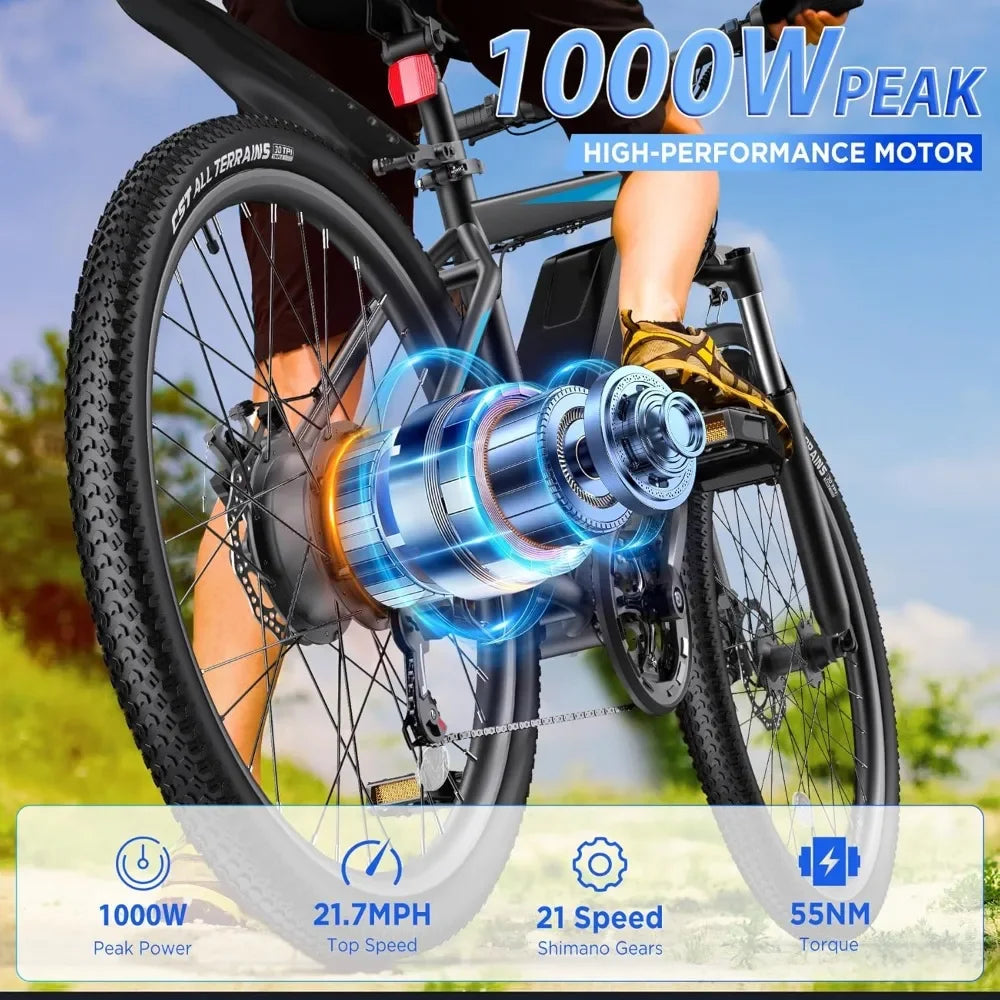 26 Inch 1000W Peak Ebike for Adults Up to 50 Miles 21.7MPH Electric Mountain Bike