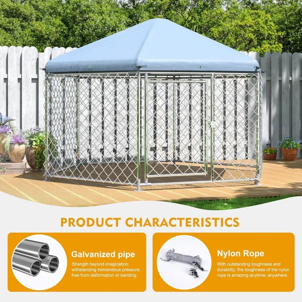 Large Dog Kennel Outside with Metal Gate and Roof