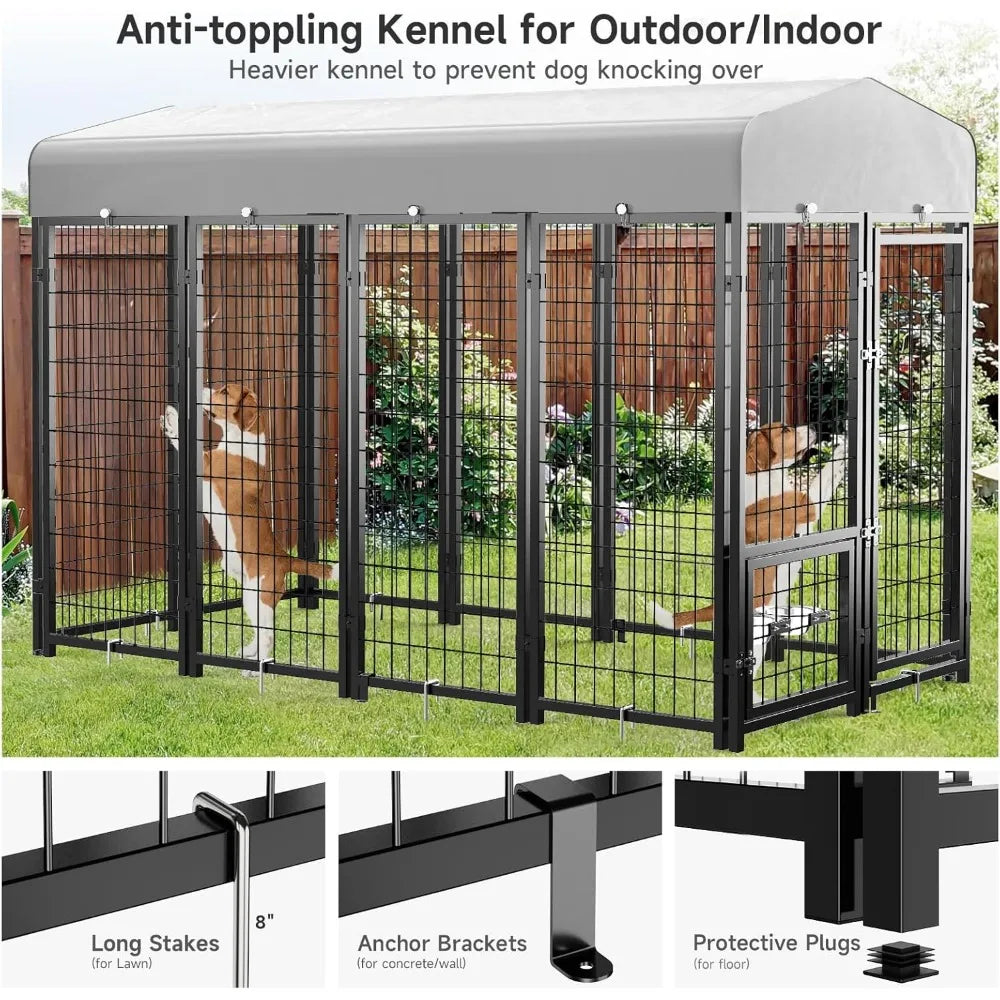 Dog Kennel Pen Outside Outdoor Dog Run with Roof Swivel Feeders