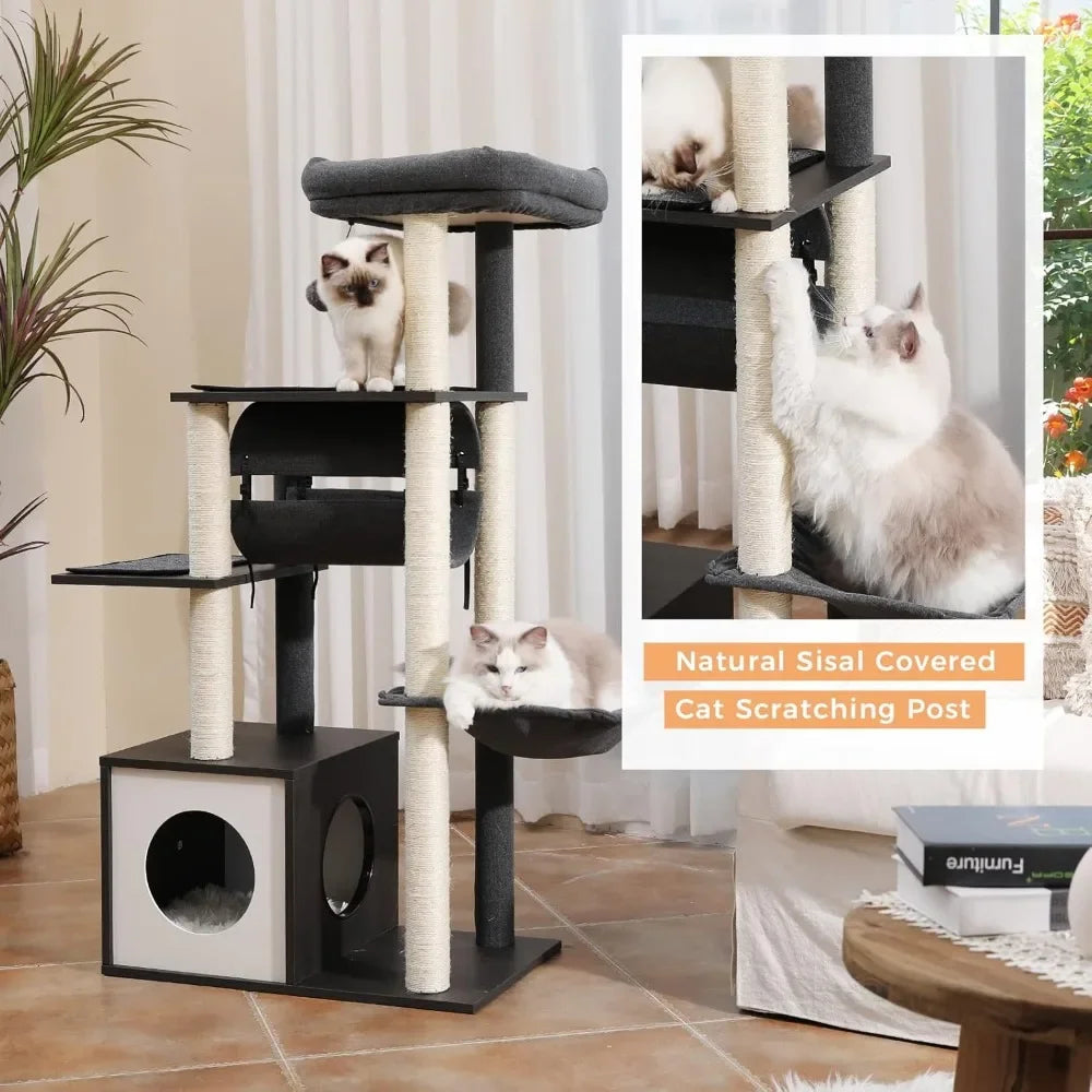 51.4 Inches Modern Cat Tree Premium 6 Levels Wooden Cat Tower with Fully Sisal Covered Scratching Posts, Cozy Condo,