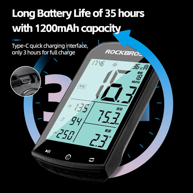 ROCKBROS GPS Bike Computer 5.0 ANT+ Bluetooth Waterproof Wireless Speedometer Odometer