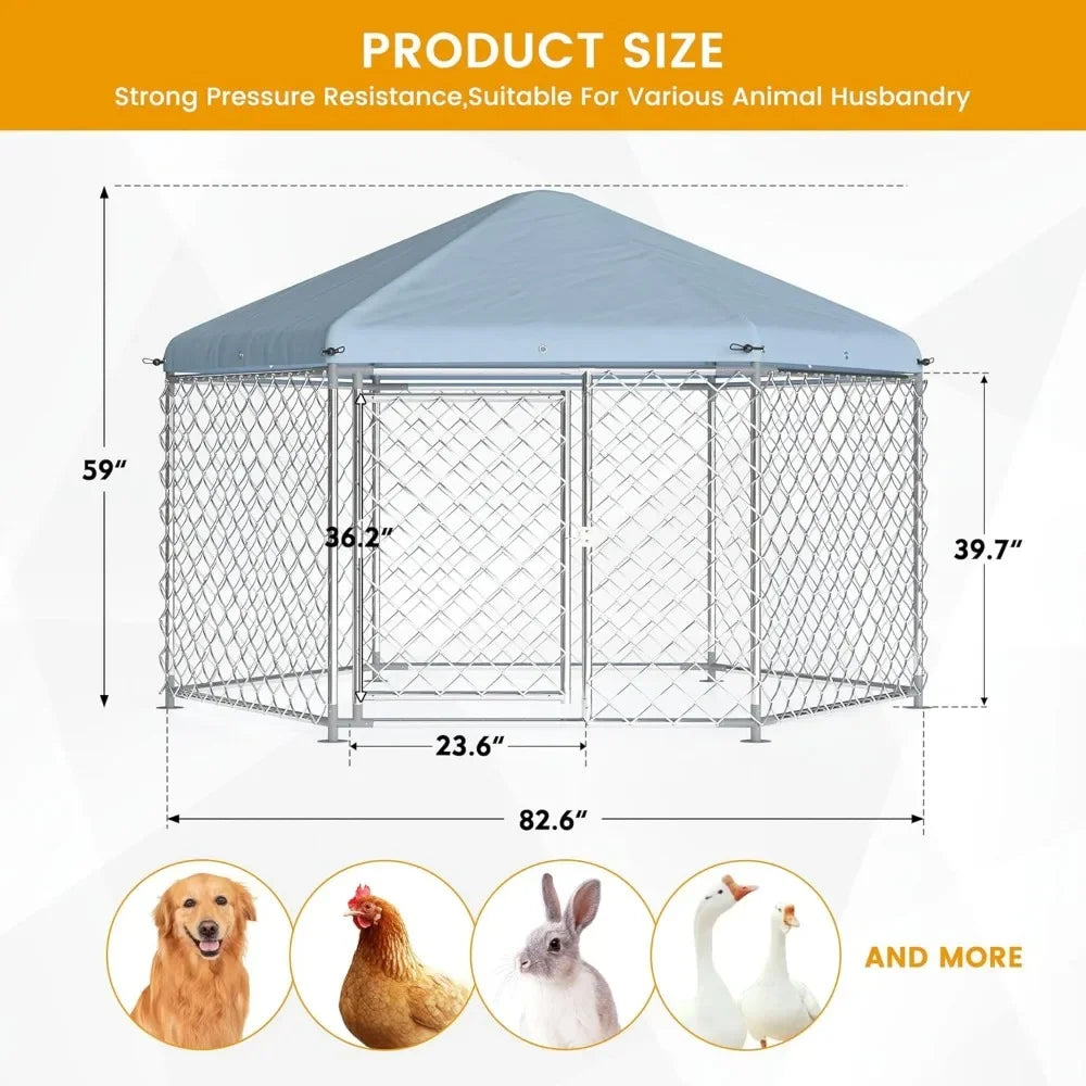 Large Dog Kennel Outside with Metal Gate and Roof