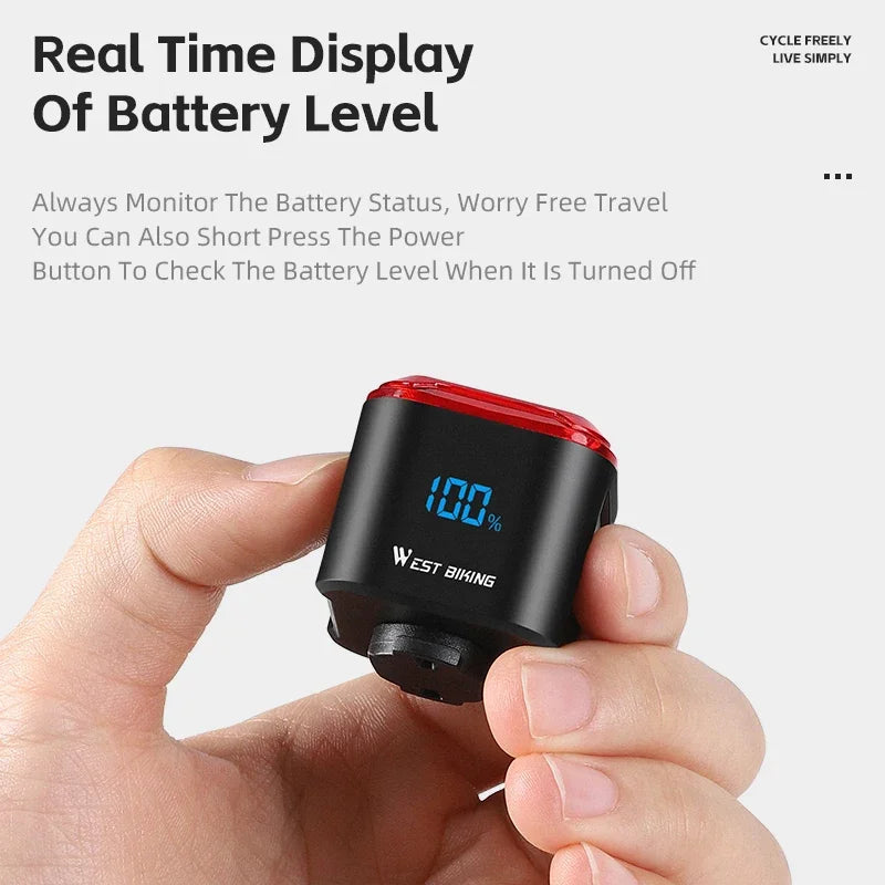 WEST BIKING Bicycle Rear Light Brake Sensing Digital Power Display Auto Start/Stop Cycling Accessories