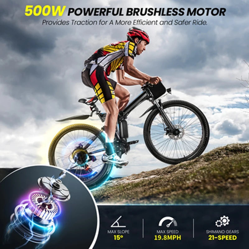26" Folding Electric Bike for Adults with 500W Motor 48V 20MPH Removable Battery Up to 50 Miles Range Cruise Control